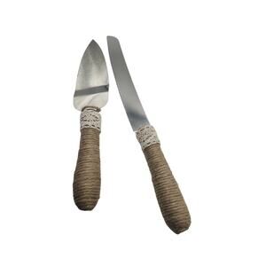 Rustic Twine Wrapped Cake Knife & Server Set Stainless Steel Wedding Farmhouse